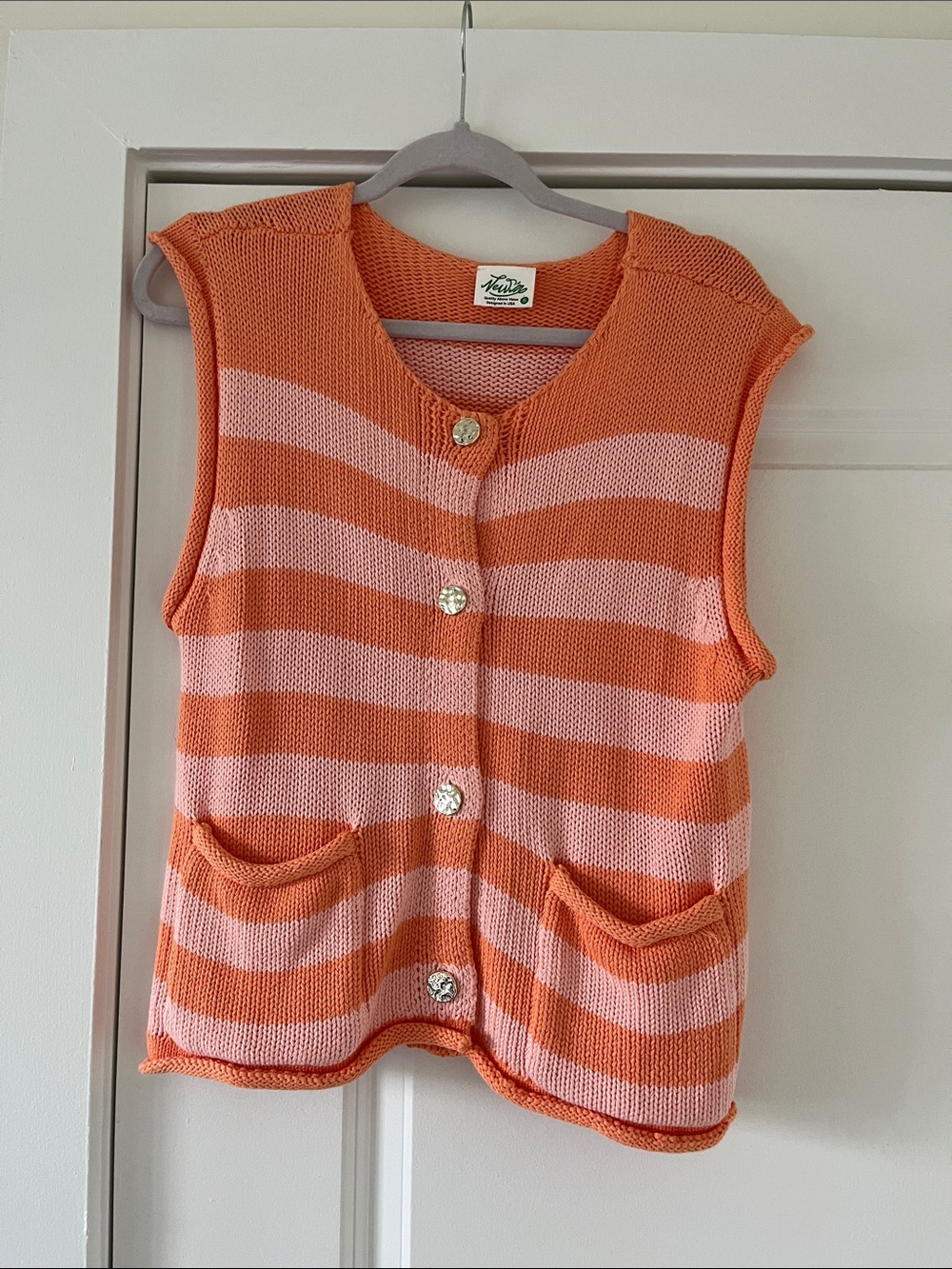 Knit Striped Button Front Tank Top - Orange/Pink